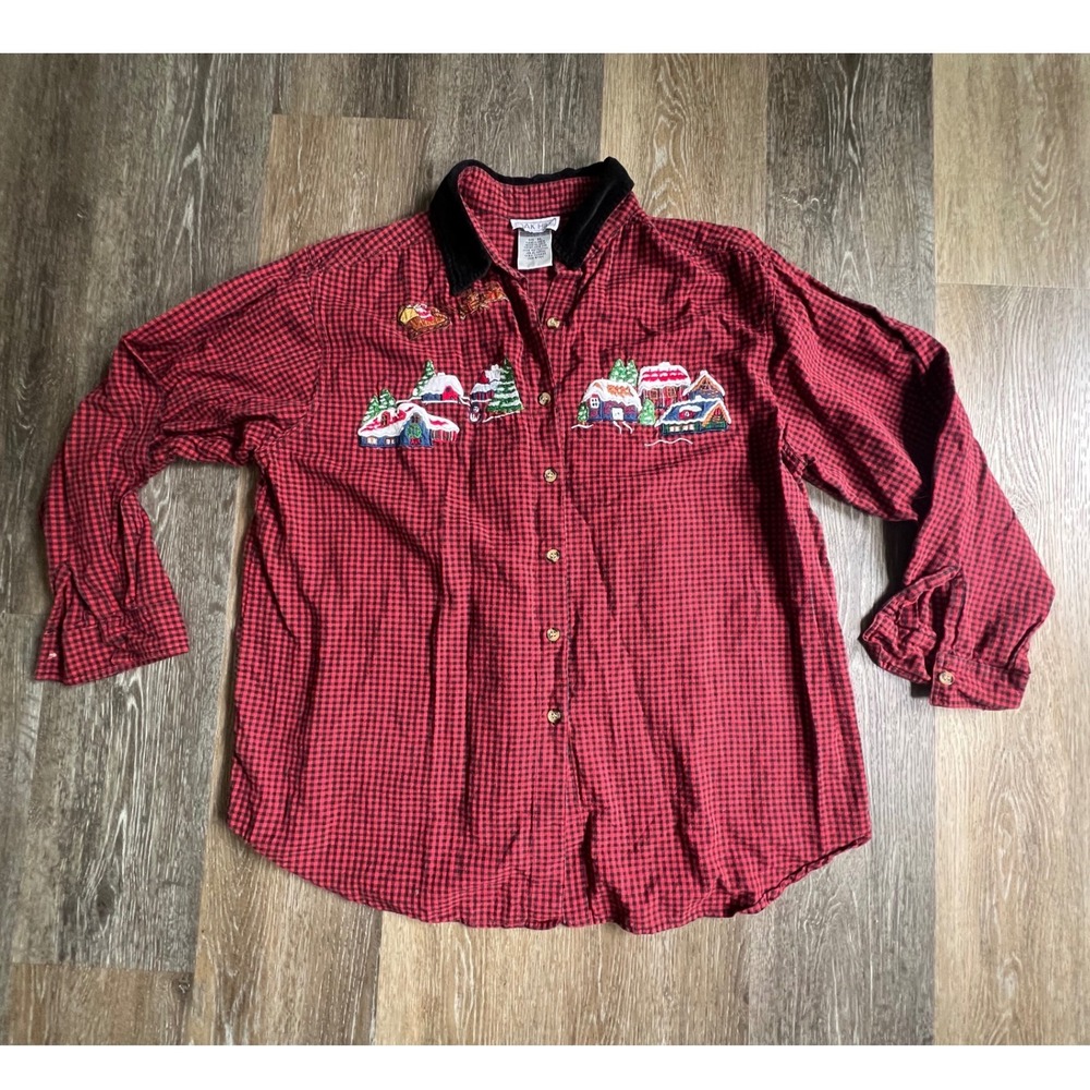 Oak Hill Button Down Shirt Women XL Red Gingham Embroidered Christmas Holiday
